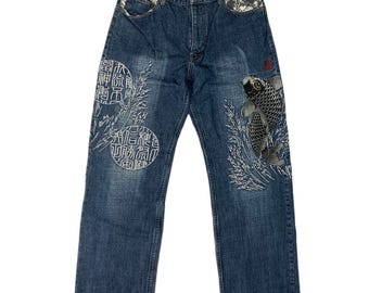 Karakuri Tamashii 34" Embroidered Carp Koi Fish Japanese Denim Jeans Men's 34 waist mc
