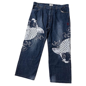 43" Embroidered Jeans Koi Carp Fish Japanese Denim Custom Patch 43 inch karakuri