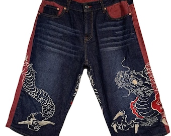 34" Embroidered Short Jeans Jort White Dragon on Fire Japanese Denim Script