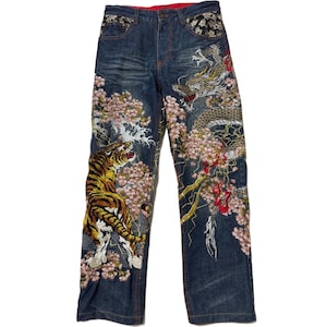 31" broderad tigerdrake japansk blå denim jeans med anpassade lappar unisex 30 tum Fugetsu