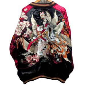 Embroidered Custom Patch Nine Tails Fox Geisha Sukajan Jacket, Reversible Souvenir Bomber womens 3XL mens 2XL
