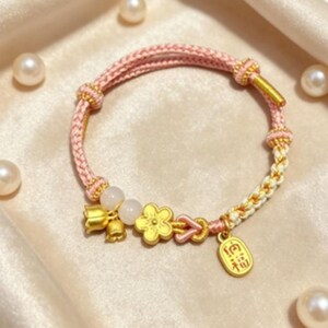Lucky Flower Charm Bracelet, Handmade Pink Braided String Bracelet