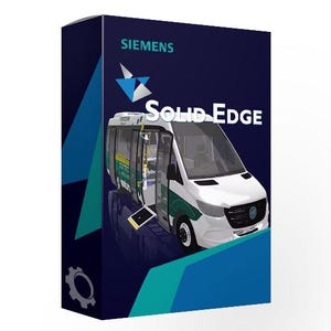 Op de afbeelding: Productdoos met een witte en groene bus met de tekst "SOLID EDGE" en het Siemens-logo. De doos heeft een donkerblauwe achtergrond met turquoise en blauwe geometrische vormen en een tandwielpictogram.