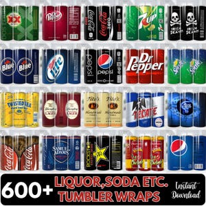 Peut inclure: Une collection de motifs pour gobelets de boissons, comprenant des marques de sodas, de bières et de spiritueux. L'image présente une variété de designs, de couleurs et de logos, tels que Coca-Cola, Pepsi et Bud Light. Le texte "600+ LIQUOR, SODA ETC. TUMBLER WRAPS" est également visible.