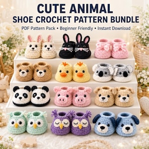 Mönsterpaket med virkmönster för skor, söta Amigurumi-kängor i PDF-format, presentidéer för barn, virkmönsterset för tofflor, babyskor med djurmotiv