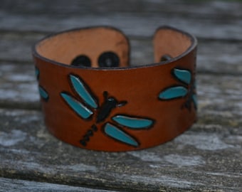 Leather Dragonflies cuff bracelet - Hand tooled, Hand painted