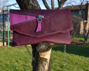 Leather purple purse clutch w/ Zipper decoration - Hand stitched, adjustable