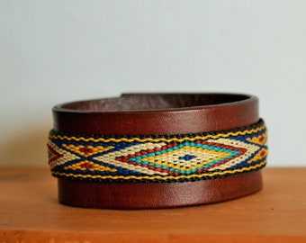 Leather bracelet with indian weave fabric strap - Handmade