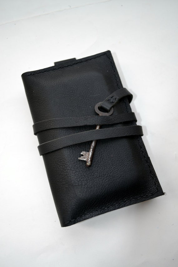 Leather black passport wallet with a vintage skeleton key & Etsy