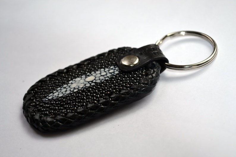 Genuine stingray and leather lace keychain in black hand laced
