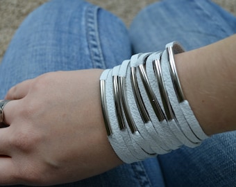 White leather hand stitched multi strand bracelet with silver metal tubes