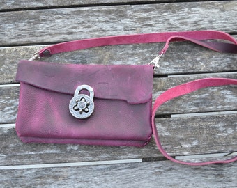 Leather double phone bag / purse with turn lock clasp - Hand stitched, personalized