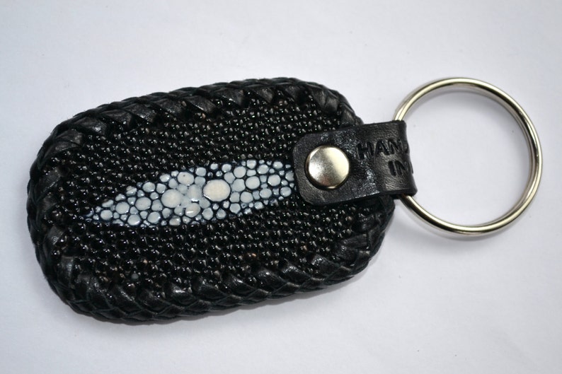 Genuine stingray and leather lace keychain in black hand laced