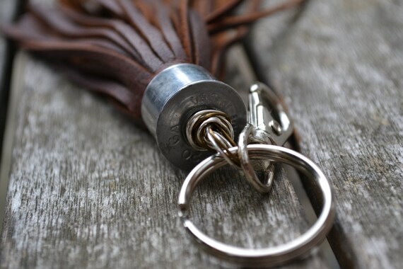 Leather Tassel Keychain With Bullet Casing. 