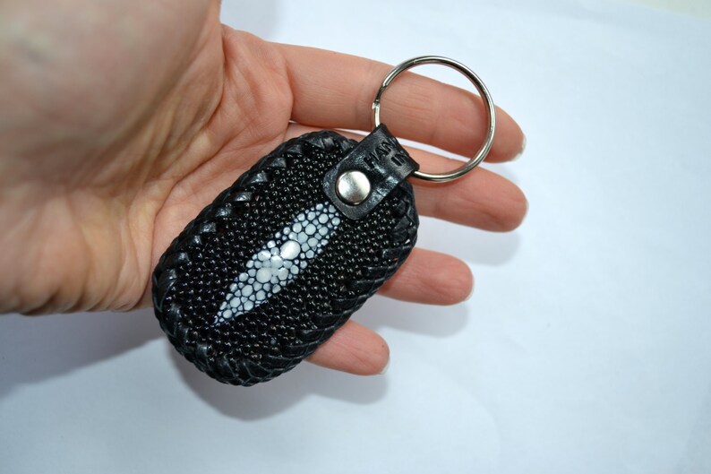 Genuine stingray and leather lace keychain in black hand laced