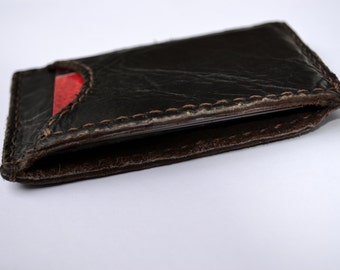 Dark brown minimalistic leather wallet with 3 pockets - Hand stitched