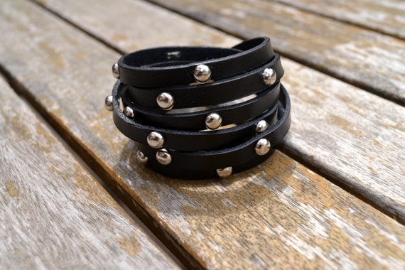 Leather Black Multi Wrap Bracelet With Silver Studs Etsy Australia