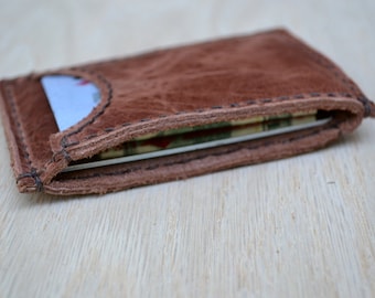 Distressed bison leather minimalistic wallet with 3 pockets - Hand stitched