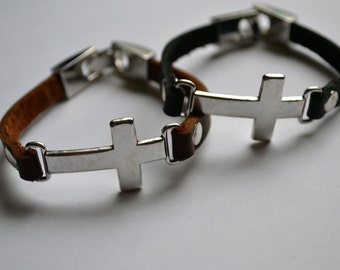 Leather bracelet with metal cross connector