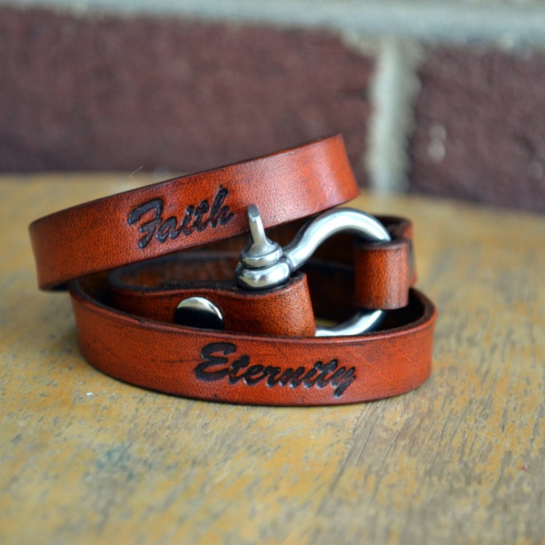 Leather tan multi wrap bracelet with shackle buckle & inspirational words