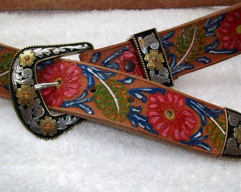 Leather belt hand painted - flower design, with buckle