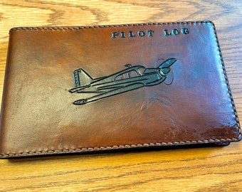 Leather Pilot Log Book Cover - Hand tooled, Hand stitched, Personalized