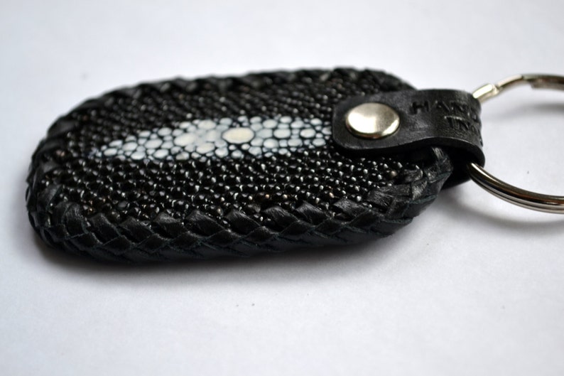 Genuine stingray and leather lace keychain in black hand laced