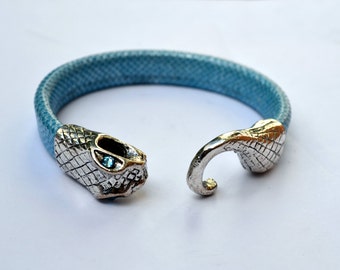Genuine snakeskin bracelet in metallic blue with snake clasp and Swarovski crystals