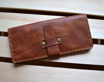 Distressed tan leather long wallet - Hand stitched