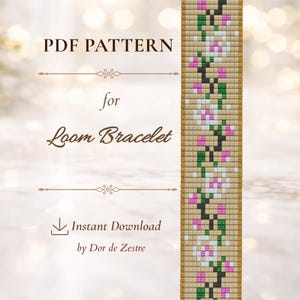 Könnte beinhalten: Ein PDF-Muster für ein Webarmband mit einem vertikalen Design aus weißen, rosa und grünen Blumenmotiven auf beigem Hintergrund. Der Text lautet: PDF PATTERN for Loom Bracelet, Instant Download, by Dor de Zestre. Das Design ist gitterbasiert.