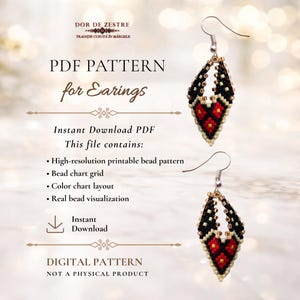 Peut inclure: Un patron PDF numérique pour boucles d'oreilles. L'image montre deux boucles d'oreilles perlées avec un schéma de couleurs noir, rouge et crème. Le texte sur l'image indique "PDF PATTERN for Earrings" et "DIGITAL PATTERN NOT A PHYSICAL PRODUCT."