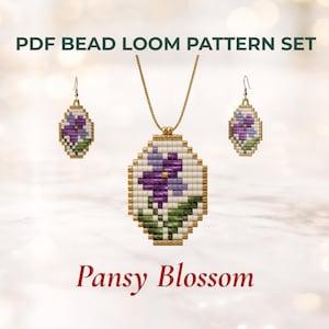 May include: A jewelry set featuring a pendant necklace and matching earrings. Each piece showcases a beaded design of a purple pansy flower. The text "PDF BEAD LOOM PATTERN SET" and "Pansy Blossom" are displayed.