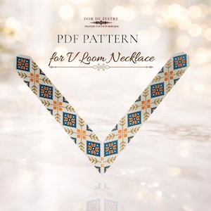 Puede incluir: Un patrón PDF para un collar de cuentas en forma de V con un diseño geométrico en azul, naranja y beige. El texto dice DOR DE ZESTRE, TRADIȚIE CUSUTĂ ÎN MĂRGELE, PDF PATTERN y for V Loom Necklace, sobre el gráfico del collar de cuentas.