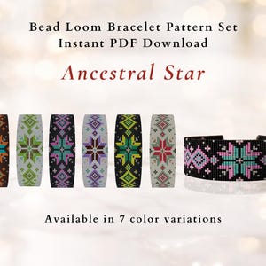 Puede incluir: Un conjunto de patrones de pulseras de telar de abalorios con el texto "Ancestral Star". La imagen muestra siete variaciones de color del diseño de la pulsera, incluyendo negro, blanco y varios colores. Las pulseras se muestran sobre un fondo claro.