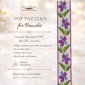 May include: A digital PDF pattern for a bracelet with a floral design. The pattern features purple and blue flowers with green leaves on a cream background. The text on the image says "PDF PATTERN for Bracelet" and "DIGITAL PATTERN NOT A PHYSICAL PRODUCT."
