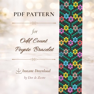 Può includere: Un modello in PDF per un braccialetto peyote a conteggio dispari di Dor de Zestre. Il design presenta una striscia verticale di piccole perline con un motivo floreale nei colori nero, giallo, rosa, azzurro e verde. Il testo recita PDF PATTERN for Odd Count Peyote Bracelet Instant Download by Dor de Zestre.