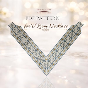 May include: A PDF pattern for a V Loom Necklace. The design features a V-shaped necklace with a geometric pattern in shades of blue, white, and gold. The text "DOR DE ZESTRE" and "TRADIȚIE CUSUTĂ ÎN MÂRGELE" are at the top.