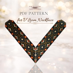 Könnte beinhalten: Ein V-förmiges Perlenkettenmuster mit schwarzem Hintergrund und geometrischen Blumendesigns in Rot, Gelb und Weiß. Der Text "PDF PATTERN for V Loom Necklace" wird über der Halskette angezeigt.