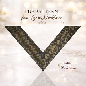 Puede incluir: Un patrón en PDF para un collar tejido en telar con un diseño en forma de V y un motivo geométrico de cuentas en negro y dorado. El texto dice PDF PATTERN for Loom Necklace y Dor de Zestre Tradiție cusută în mărgele abajo a la derecha.