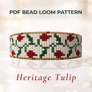 Red Tulip Heritage Loom Bracelet Pattern ,Miyuki Delica 11/0, Floral  Weaving PDF Design