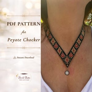 May include: A PDF pattern for a peyote choker featuring a geometric diamond design in black, red, and gold beads. The choker has a V-shaped neckline and a small circular pendant at the center. The text reads PDF PATTERN for Peyote Chocker.