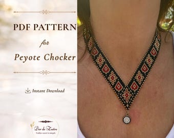 May include: A PDF pattern for a peyote choker featuring a geometric diamond design in black, red, and gold beads. The choker has a V-shaped neckline and a small circular pendant at the center. The text reads PDF PATTERN for Peyote Chocker.