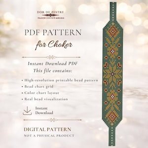 May include: A digital PDF pattern for a choker featuring a vertical beadwork design in shades of sage green, mustard yellow, and deep red. The text includes 'DOR DE ZESTRE', 'PDF PATTERN for Choker', 'Instant Download PDF', and 'DIGITAL PATTERN NOT A PHYSICAL PRODUCT'.