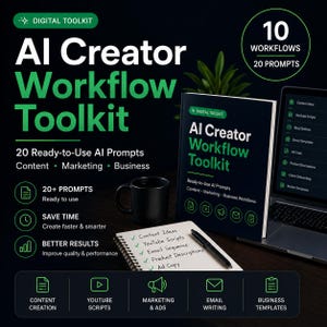 Puede incluir: Imagen de un libro y un portátil "AI Creator Workflow Toolkit". La portada del libro muestra "AI Creator Workflow Toolkit" y "20 indicaciones de IA listas para usar". También hay una taza negra y un bloc de notas con un bolígrafo. El tema es la creación de contenido, el marketing y los negocios.