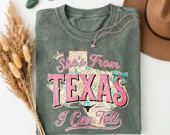 She's From Texas I Can Tell" Western Graphic Tee, Vintage Washed Sage Green Shirt with Texas Map  Longhorn Detail Southern Pride Style tee