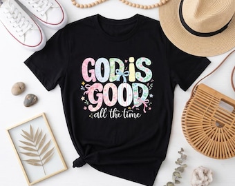 God Is Good All The Time Christian Tee, Pastel Floral & Bow Coquette Letter Design, Uplifting Faith-Based Casual Shirt