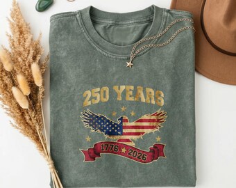 250 Years 1776-2026 American Flag Eagle Patriotic Tee, Vintage Washed USA Anniversary Shirt for 4th of July Celebrations