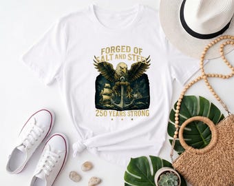Forged of Salt and Steel Patriotic Tee, Vintage Naval Bald Eagle Graphic Shirt for USA 250th Anniversary & Nautical Pride