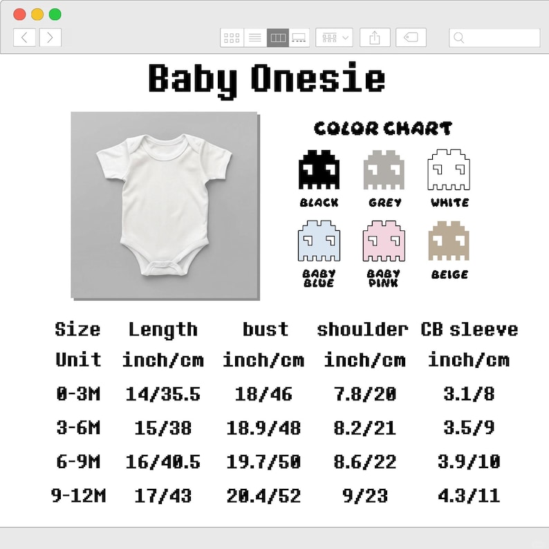 K&ouml;nnte beinhalten: Ein wei&szlig;er Baby-Body, dargestellt mit einer Farbkarte mit verpixelten Alien-Symbolen in Schwarz, Grau, Wei&szlig;, Babyblau, Babyprosa und Beige. Eine Gr&ouml;&szlig;entabelle enth&auml;lt Ma&szlig;e in Zoll und Zentimetern f&uuml;r die Altersgruppen 0-3M bis 9-12M.