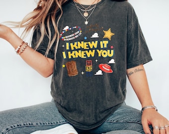 Toy Story "I Knew It I Knew You" Fan Tee, Nostalgic Black Graphic Shirt with Buzz & Woody Friendship Details Everyday Wear